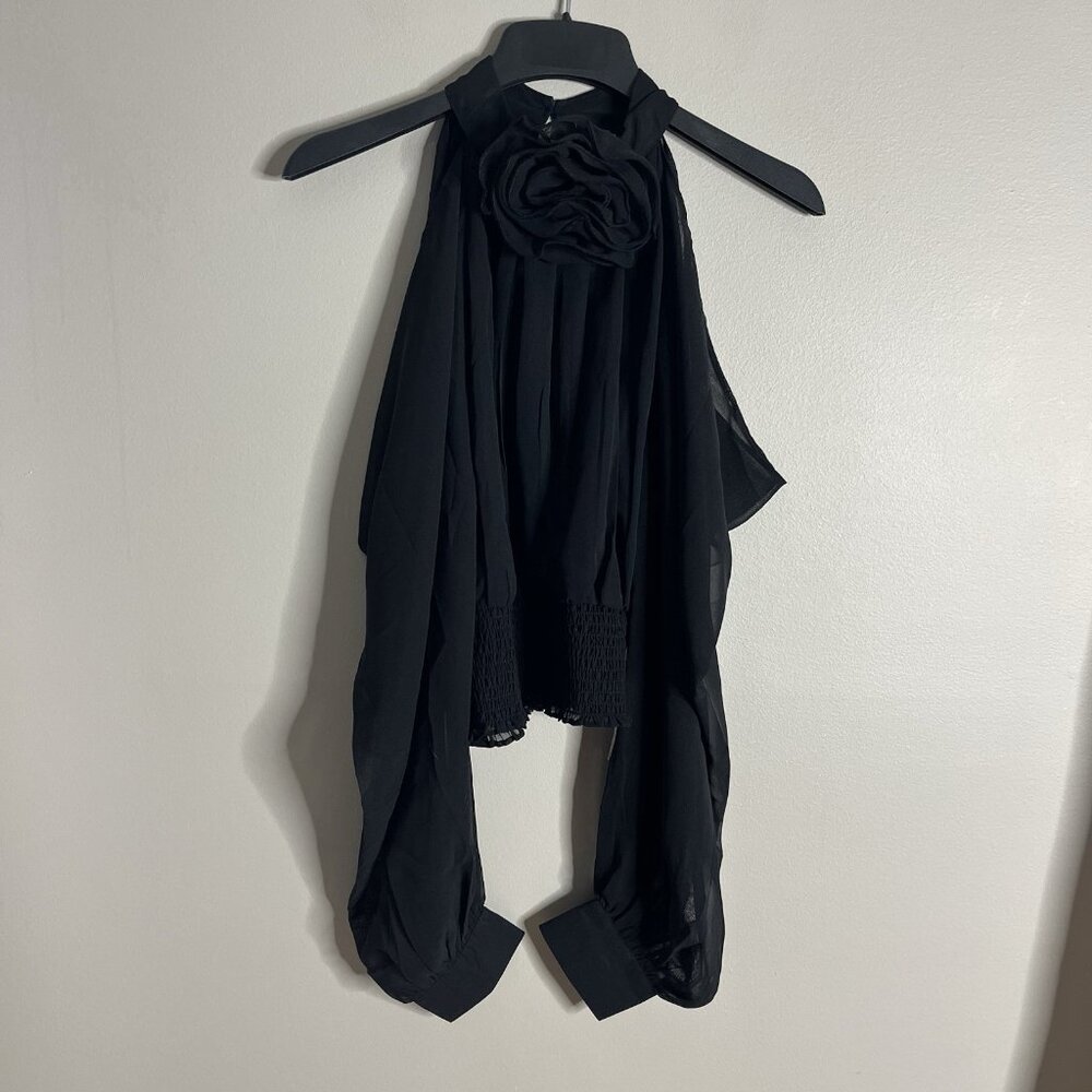 Live 4 Truth NEW Size Small Black Rosette Top Sheer Cold Shoulder High Neck - Picture 1 of 7